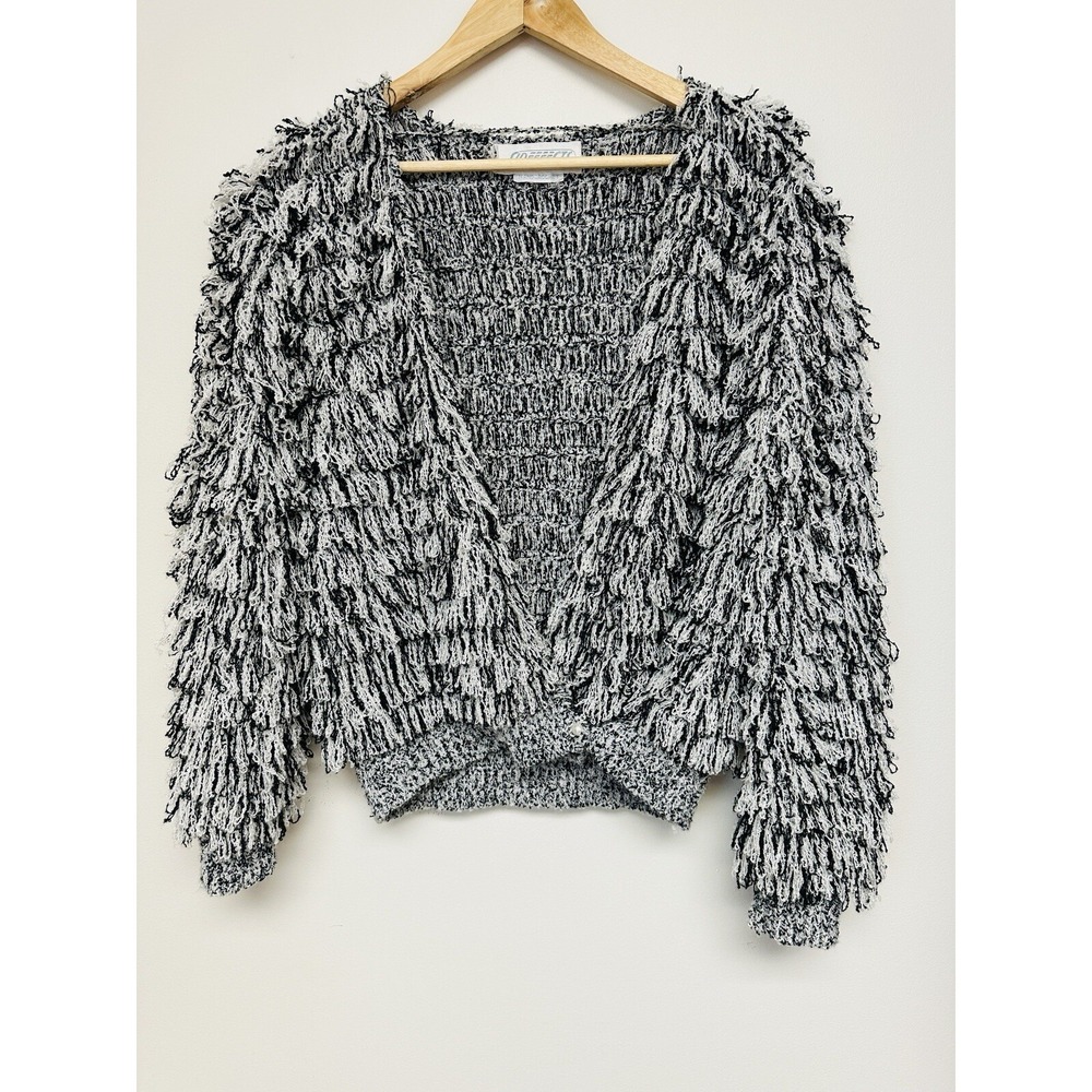 Vintage SideEffect Women's M/L Hand Knit Crocheted Black White Fringe Cardigan